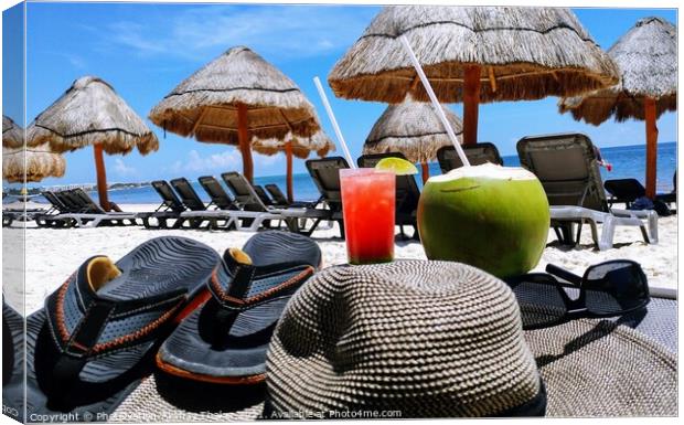 Tropical paradise relaxing vacation view with sun, sand, beach and drinks. Canvas Print by PhotOvation-Akshay Thaker