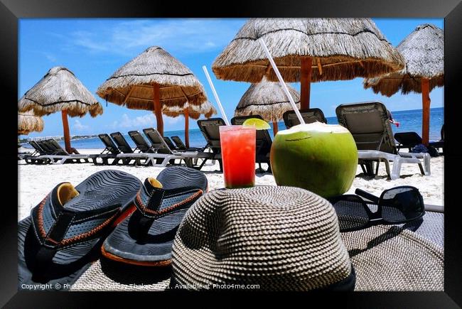 Tropical paradise relaxing vacation view with sun, sand, beach and drinks. Framed Print by PhotOvation-Akshay Thaker