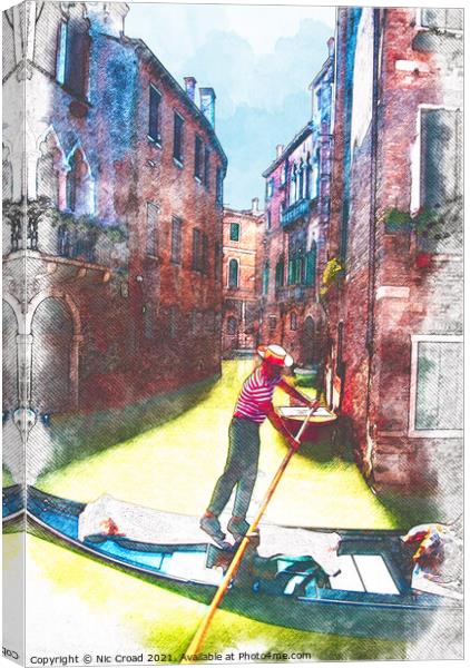 Venetian Gondolier Watercolour Sketch Canvas Print by Nic Croad