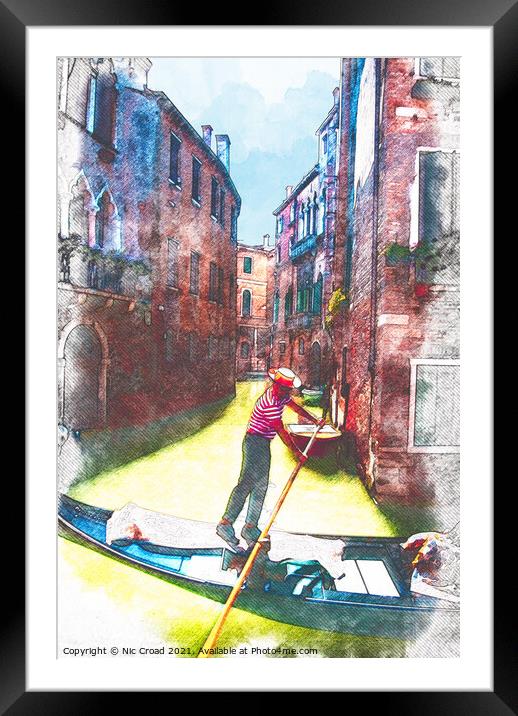 Venetian Gondolier Watercolour Sketch Framed Mounted Print by Nic Croad