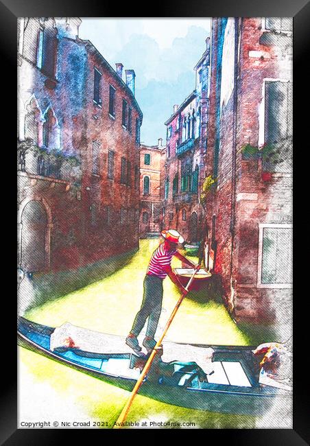 Venetian Gondolier Watercolour Sketch Framed Print by Nic Croad