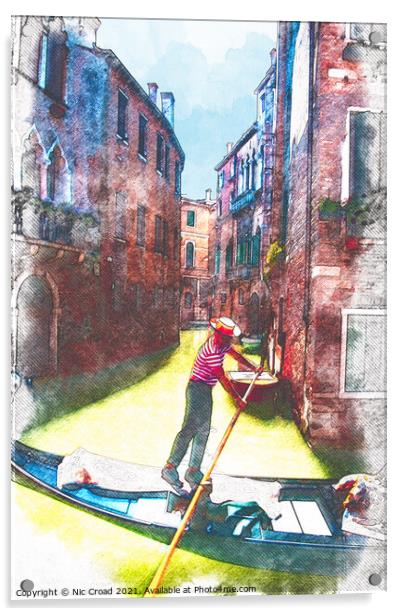 Venetian Gondolier Watercolour Sketch Acrylic by Nic Croad