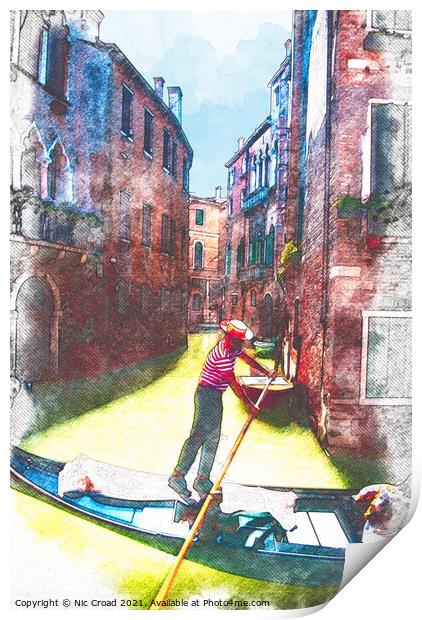 Venetian Gondolier Watercolour Sketch Print by Nic Croad