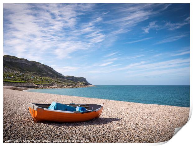 Orange boat on Chesil Beach Print by Chris Warren