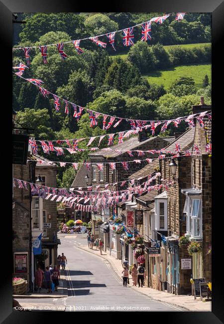 Union Jack Flags bunting flying at Pateley Bridge  Framed Print by Chris Warren