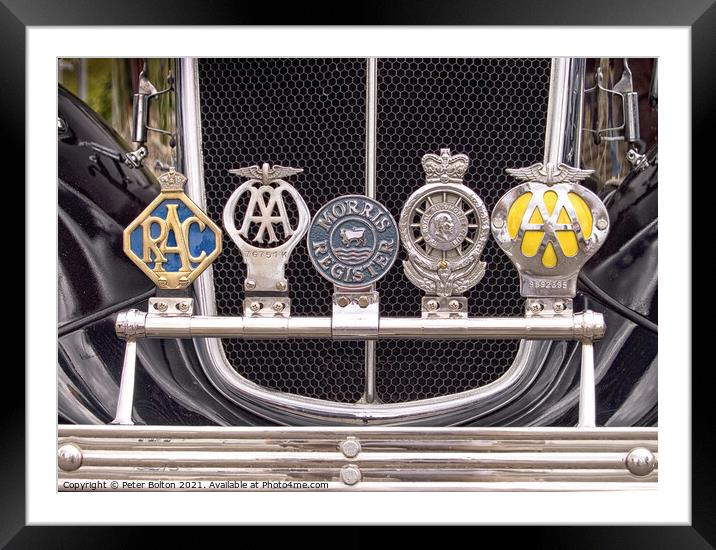 Classic car  badge bar on Morris vintage car. Framed Mounted Print by Peter Bolton