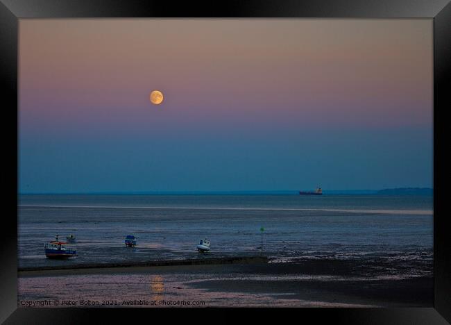 Full moon over the beach at Thorpe Bay, Southend on Sea, Essex, UK. Framed Print by Peter Bolton