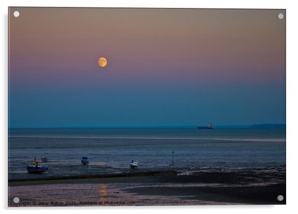 Full moon over the beach at Thorpe Bay, Southend on Sea, Essex, UK. Acrylic by Peter Bolton