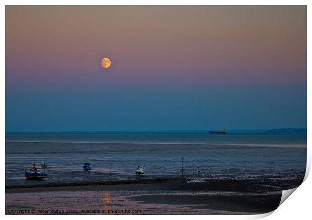 Full moon over the beach at Thorpe Bay, Southend on Sea, Essex, UK. Print by Peter Bolton