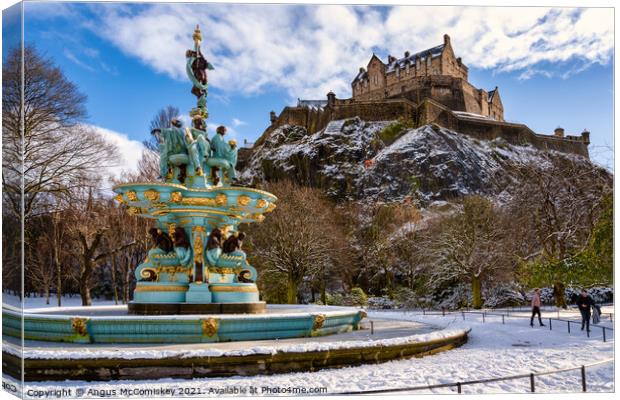 Frozen Ross Fountain and Edinburgh Castle in snow Canvas Print by Angus McComiskey