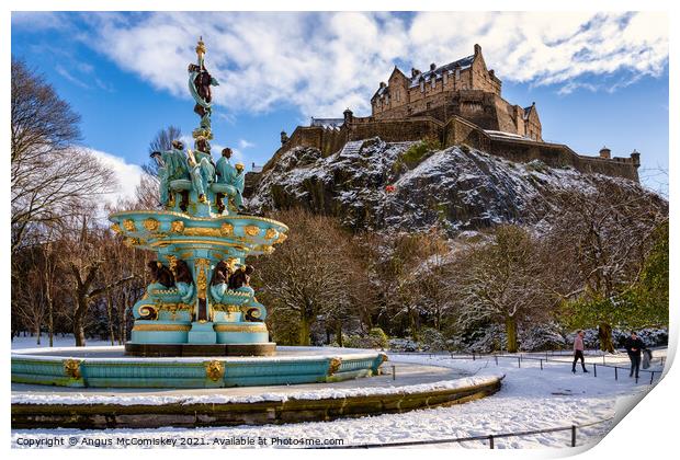 Frozen Ross Fountain and Edinburgh Castle in snow Print by Angus McComiskey