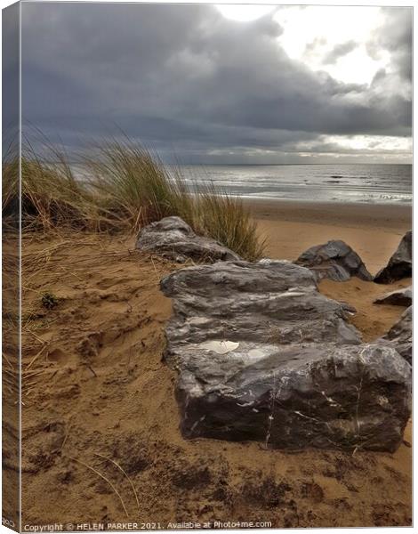 Sandy Beach, sea and rocks Canvas Print by HELEN PARKER