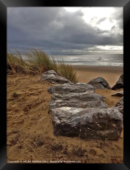 Sandy Beach, sea and rocks Framed Print by HELEN PARKER