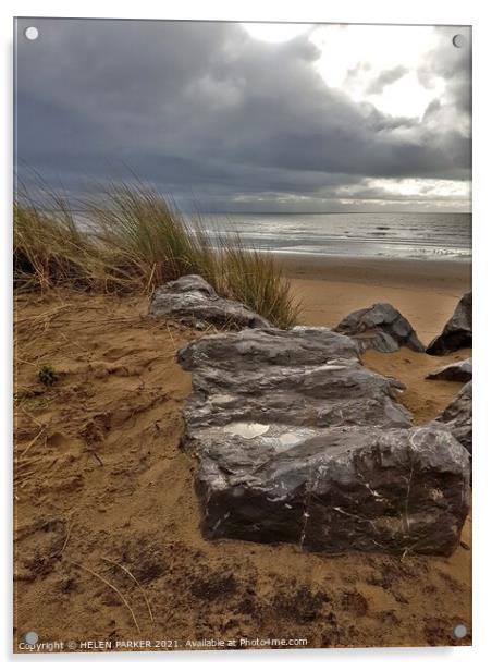 Sandy Beach, sea and rocks Acrylic by HELEN PARKER