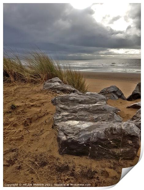 Sandy Beach, sea and rocks Print by HELEN PARKER