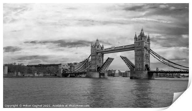 Tower Bridge open on the River Thames Print by Milton Cogheil