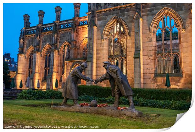 Christmas truce football statue Liverpool by night Print by Angus McComiskey