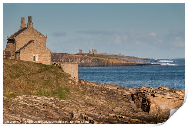 Howick Bathing House and Dunstanburgh Castle Print by Richard Laidler