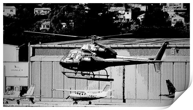 Helicopter hovering in Monochrome Print by Ann Biddlecombe