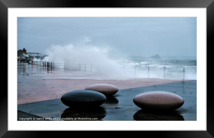 Penzance Cornwall stormy scene,Pebbles on the Prom Framed Mounted Print by kathy white