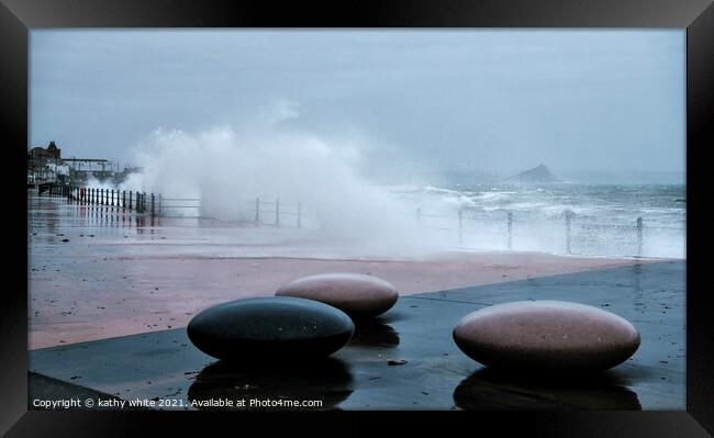 Penzance Cornwall stormy scene,Pebbles on the Prom Framed Print by kathy white
