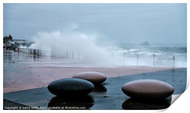 Penzance Cornwall stormy scene,Pebbles on the Prom Print by kathy white
