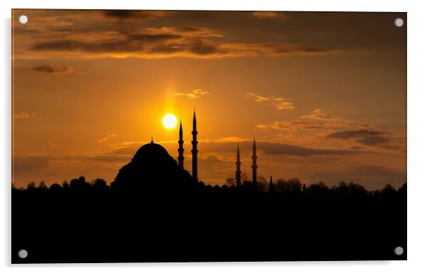 Sunset sky over Istanbul mosques. Turkey. Acrylic by Sergey Fedoskin