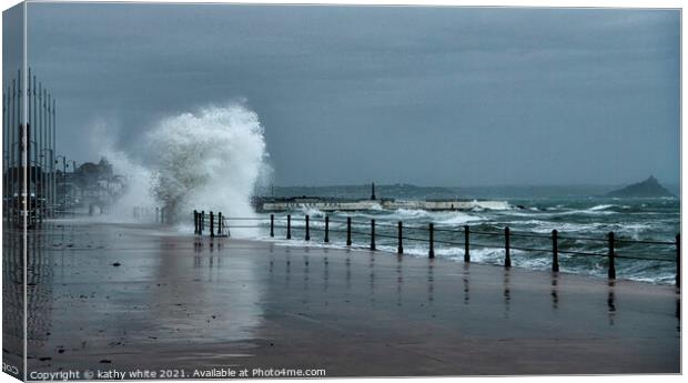 Penzance Cornwall,  Jubilee Pool stormy scene Canvas Print by kathy white