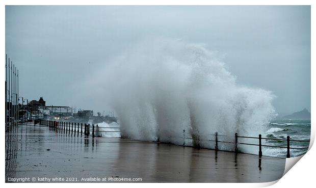 Wall of water Penzance Cornwall  stormy scene Print by kathy white