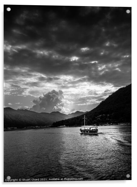 Boat and mountains at sunset - black and white Acrylic by Travel and Pixels 