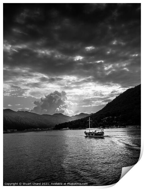Boat and mountains at sunset - black and white Print by Stuart Chard