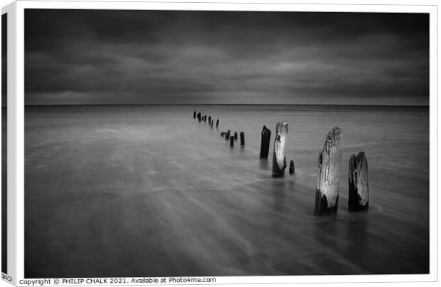 Sands end groynes  on a stormy day near Whitby bla Canvas Print by PHILIP CHALK