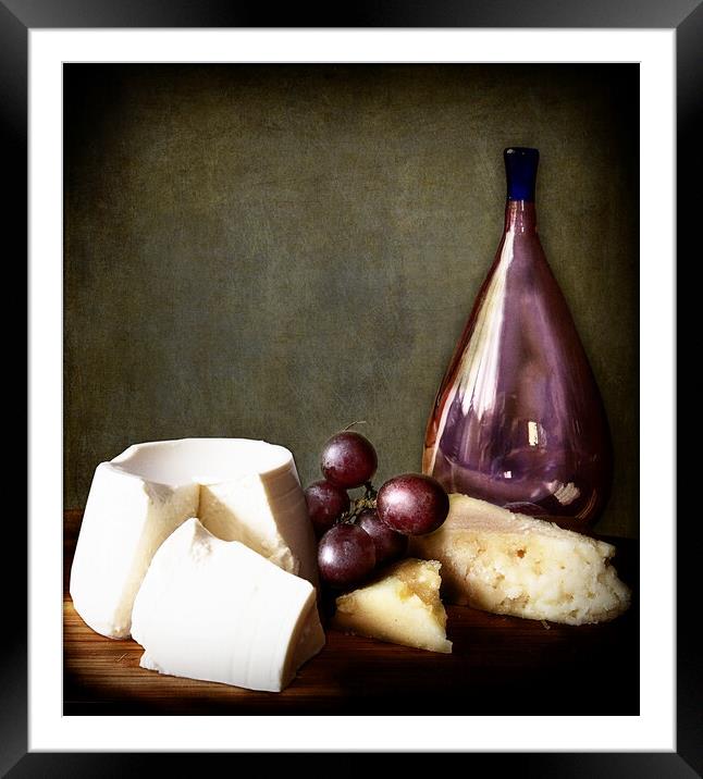 chiaroscuro still life: grapes and cheese Framed Mounted Print by Luisa Vallon Fumi