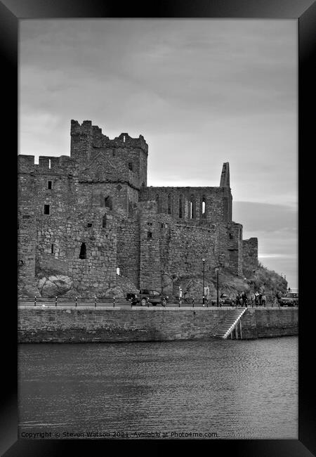 Peel Castle and St. German's Cathedral (Monochrome) Framed Print by Steven Watson