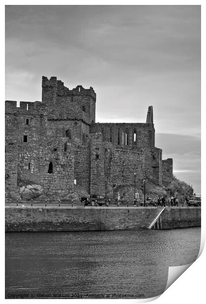 Peel Castle and St. German's Cathedral (Monochrome) Print by Steven Watson