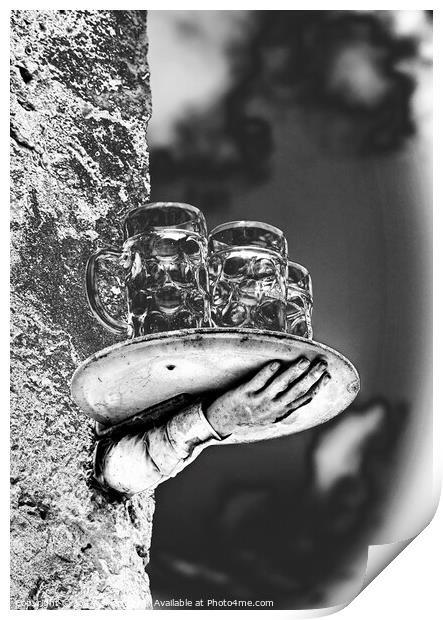 A model of a disconnected hand and beer glasses balanced on a tray Print by Joy Walker
