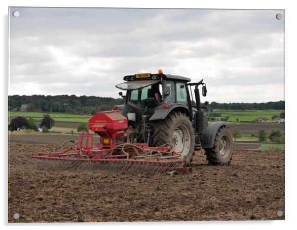 Farm tractor in field Holmfirth Acrylic by Roy Hinchliffe