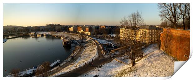 Krakow, Poland - January 31, 2021: Panorama aerial drone shot of Cracow cityscape and polish architecture next to Vistula river during sunset in Winter with people doing leisure and walk in the evening. Print by Arpan Bhatia