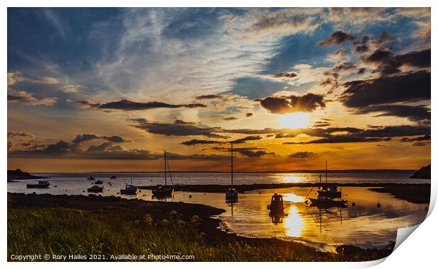 Clevedon Pill at sunset with a bright sun Print by Rory Hailes