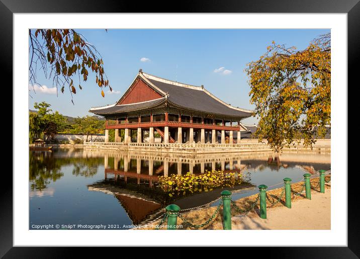 A Korean pavilion reflecting on a lake at Gyeongbokgung Palace on an autumn day Framed Mounted Print by SnapT Photography