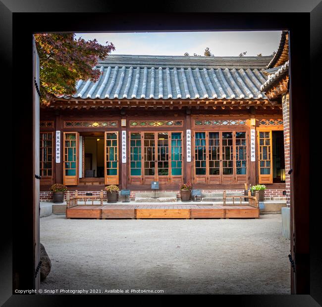 Courtyard of a museum in the Bukchon Hanok Village in Seoul, South Korea Framed Print by SnapT Photography