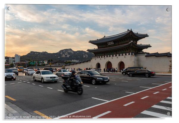 Gwanghwamun Gate at Gyeongbokgung Palace at sunset, Seoul, South Korea Acrylic by SnapT Photography