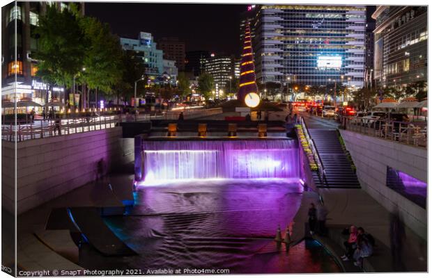 Cheonggye Plaza and the Cheonggyecheon Stream at night, Seoul, South Korea Canvas Print by SnapT Photography