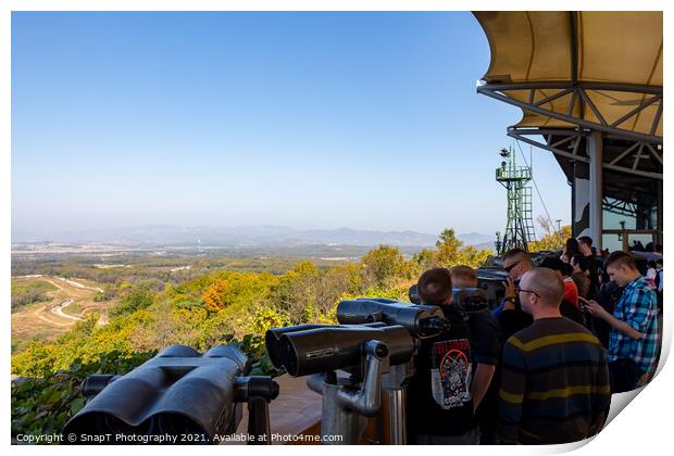 Tourists at the Dorsa Observatory at the Korean Demilitarized Zone Print by SnapT Photography