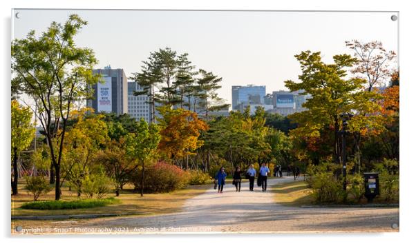 Tourists walking through the gardens of Gyeongbokgung Palace, Seoul, South Korea Acrylic by SnapT Photography