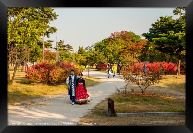 A couple in traditional Korean hanbok dress at Gyeongbokgung Palace, Seoul Framed Print by SnapT Photography