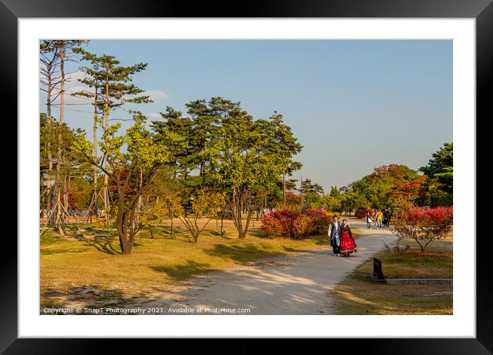 A couple in traditional Korean hanbok dress at Gyeongbokgung Palace, Seoul Framed Mounted Print by SnapT Photography