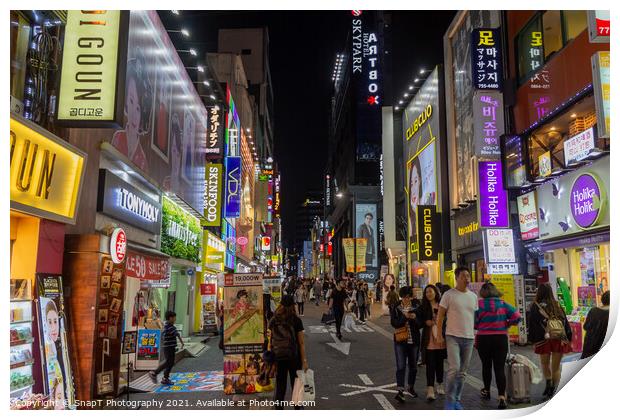 Myeongdong Shopping District at night in Seoul, South Korea Print by SnapT Photography