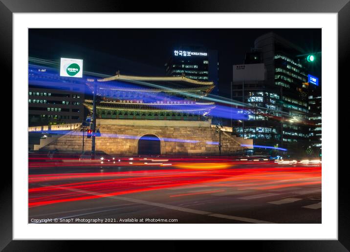 Long exposure of the traffic on the road at Sungnyemun Gate at night in Seoul Framed Mounted Print by SnapT Photography
