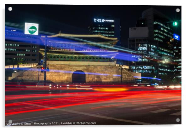 Long exposure of the traffic on the road at Sungnyemun Gate at night in Seoul Acrylic by SnapT Photography
